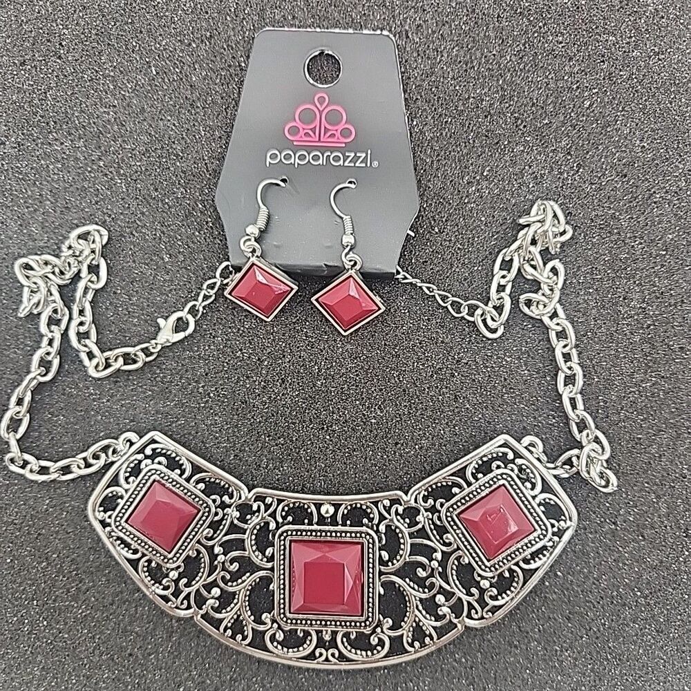 Jewelry Paparazzi Feeling Inde Necklace Earrings Large Red Pendant Silver NEW